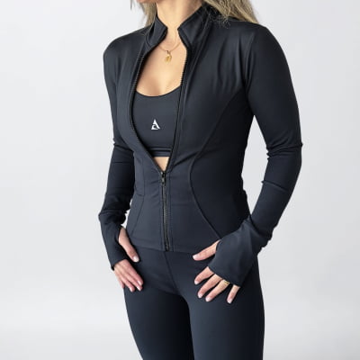 Jaqueta Fitness Slim Gola Alta e Dedeira Preto